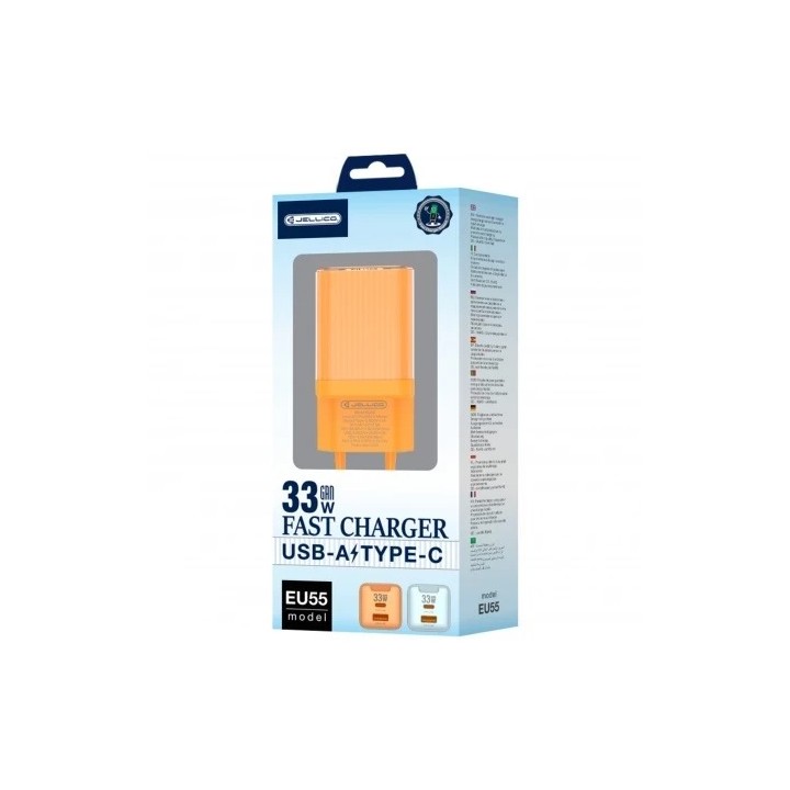 Adaptateur secteur double ports USB et USB-C/Type C (33W) avec cable Usb-C/Type C vers Lightning JELLICO EU55 orange