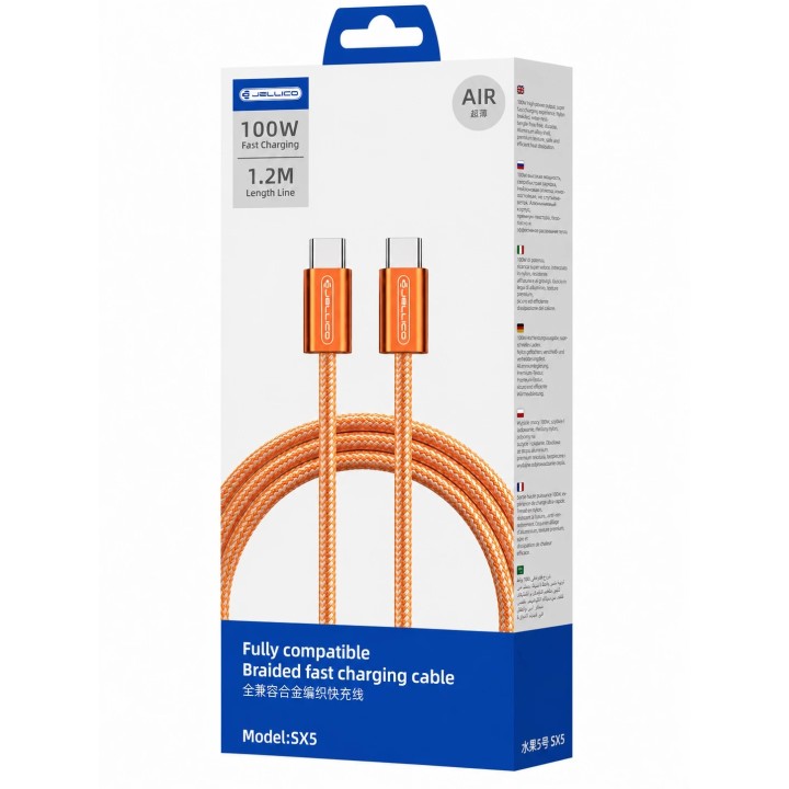 Cable Usb-C vers Usb-c/Type C (100W) 1.2 mètre JELLICO SX5 orange