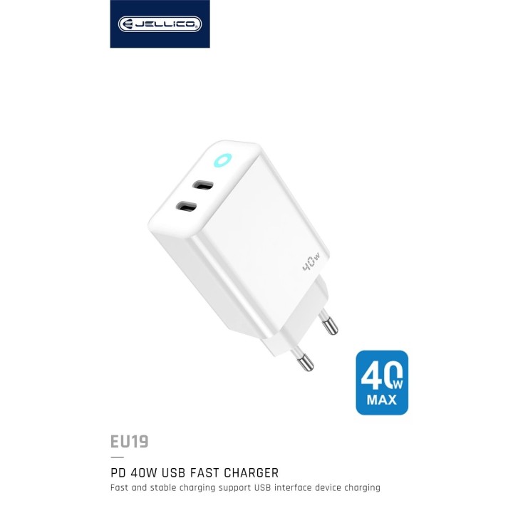 Adaptateur secteur double ports Usb-C (40W) avec cable Type C vers Lightning JELLICO EU19 blanc