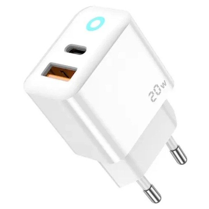 Adaptateur secteur double ports Usb et Usb-C/Type C (20W) avec cable Type C vers Usb-C JELLICO EU11 blanc