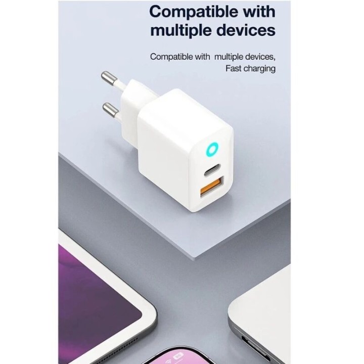 Adaptateur secteur double ports Usb et Usb-C/Type C (20W) avec cable Type C vers Usb-C JELLICO EU11 blanc