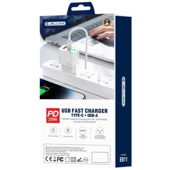 Adaptateur secteur double ports Usb et Usb-C/Type C (20W) avec cable Type C vers Usb-C JELLICO EU11 blanc