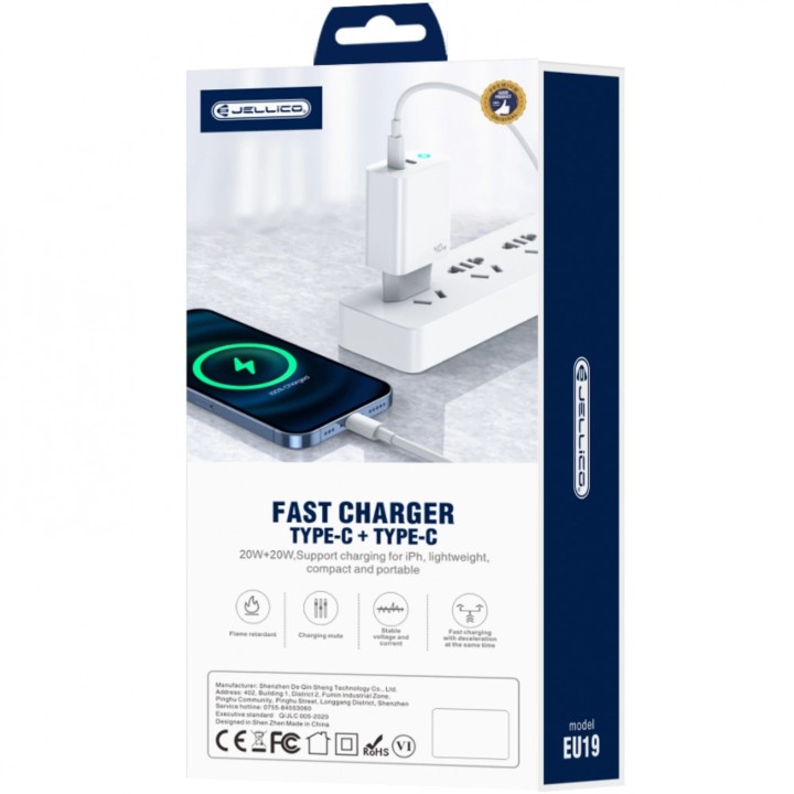 Adaptateur secteur double ports Usb-C (40W) avec cable Type C vers Lightning JELLICO EU19 blanc