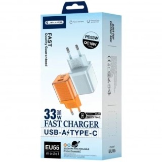 Adaptateur secteur double ports Usb et Usb-C/Type C (33W) avec cable Type C vers Usb-C JELLICO EU55 orange