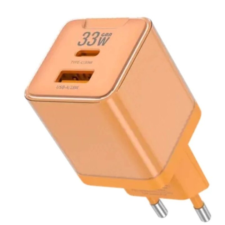 Adaptateur secteur double ports Usb et Usb-C/Type C (33W) avec cable Type C vers Usb-C JELLICO EU55 orange