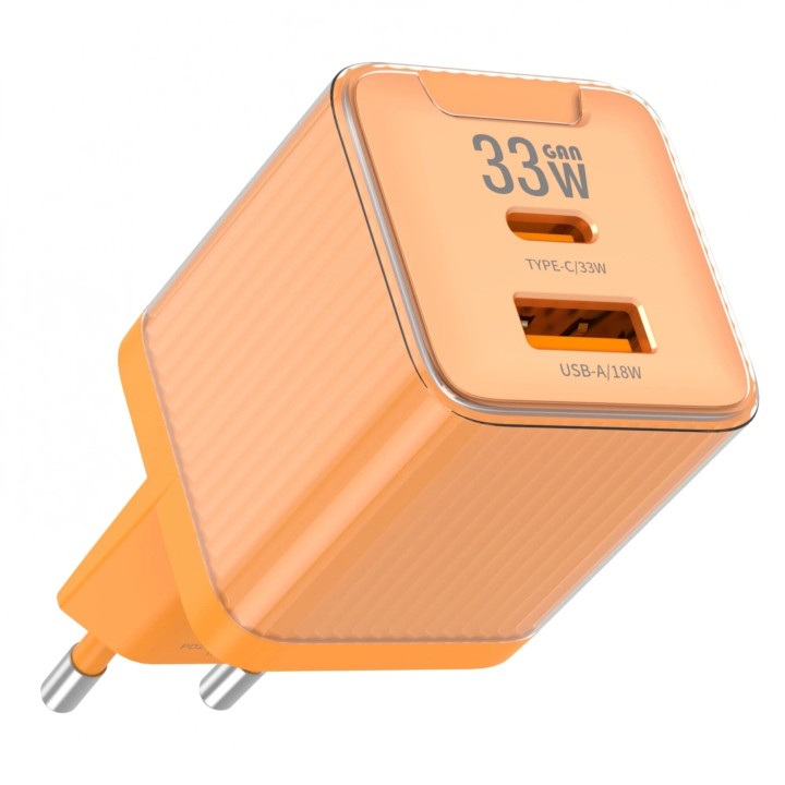 Adaptateur secteur double ports USB et USB-C/Type C (33W) JELLICO EU55 orange