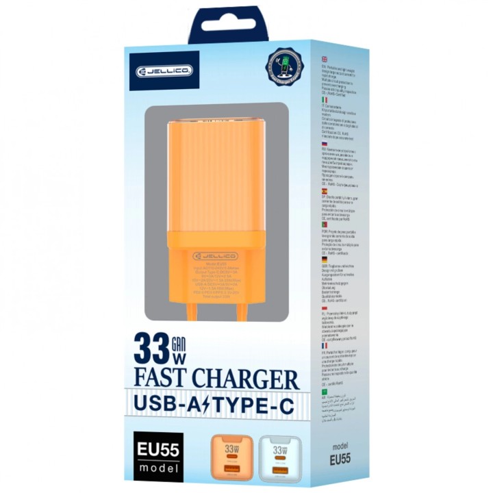 Adaptateur secteur double ports USB et USB-C/Type C (33W) JELLICO EU55 orange