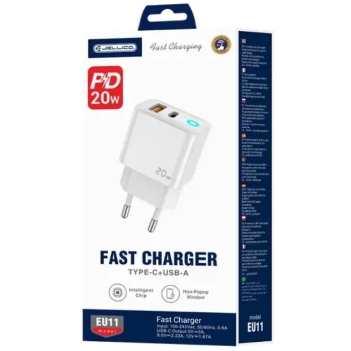 Adaptateur secteur double ports USB et USB-C/Type C (20W) JELLICO EU11 blanc