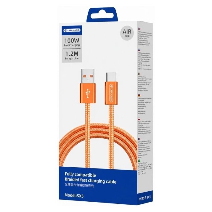Cable Usb vers Usb-c/Type C (100W) 1.2 mètre JELLICO SX5 orange