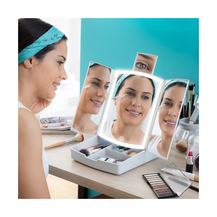 Miroir LED Pliable avec Organisateur de Maquillage 3 en 1 Panomir InnovaGoods