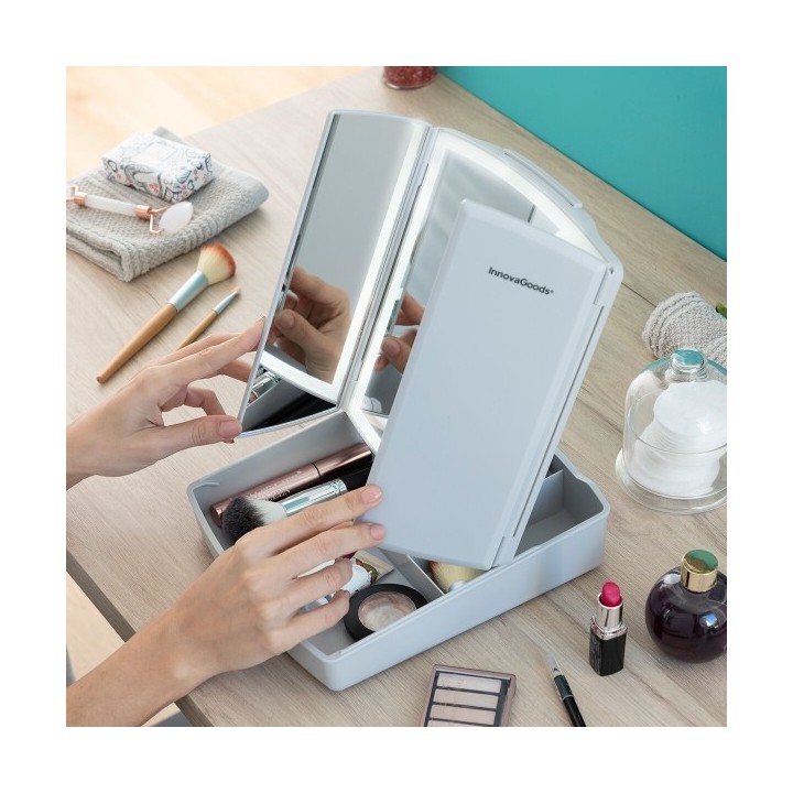 Miroir LED Pliable avec Organisateur de Maquillage 3 en 1 Panomir InnovaGoods